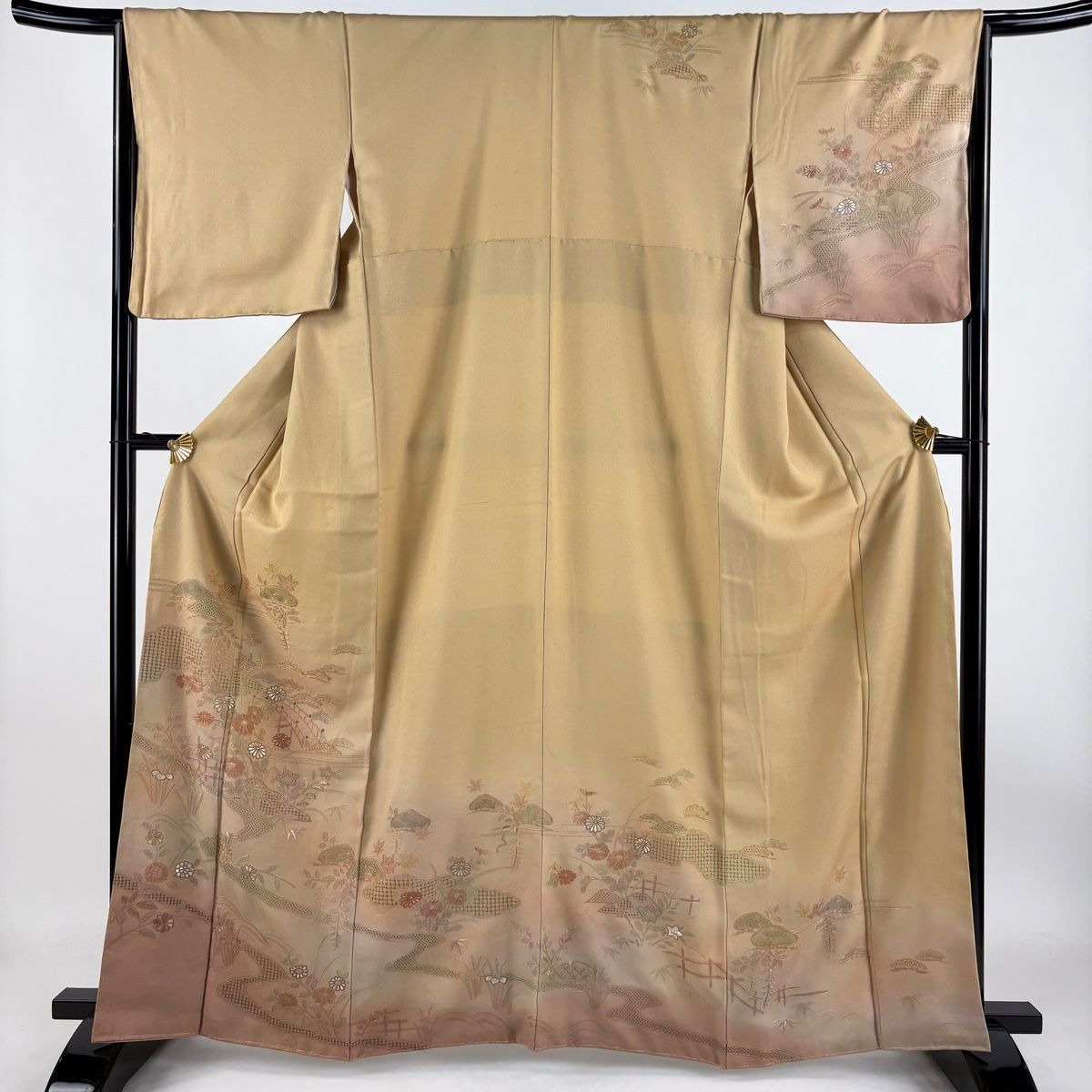 訪問着 身丈163cm 裄丈65cm M 袷 松 流水 刺繍 銀糸 薄茶色 正絹 秀品