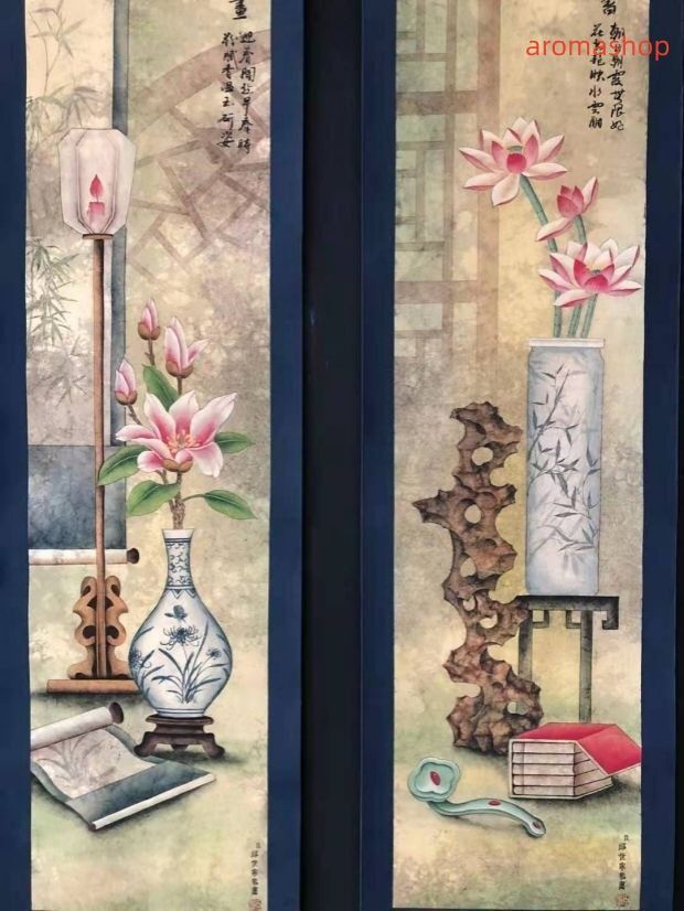 店長勧め 極美品 ！ 中国美術 掛軸 4点セット 静物画 花絵柄