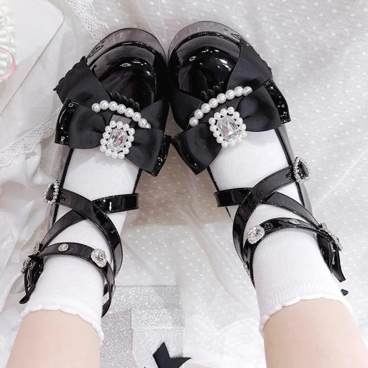 地雷系 厚底シューズ 靴 パールリボンパンプス ロリータシューズ ストラップパンプス ワンピース 厚底パンプス