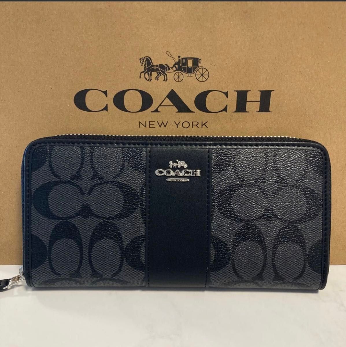 美品 COACH 長財布 コーチ 長財布 レディース メンズ ブラックライン シルバー シグネチャー☆管理番号1013 - メルカリ