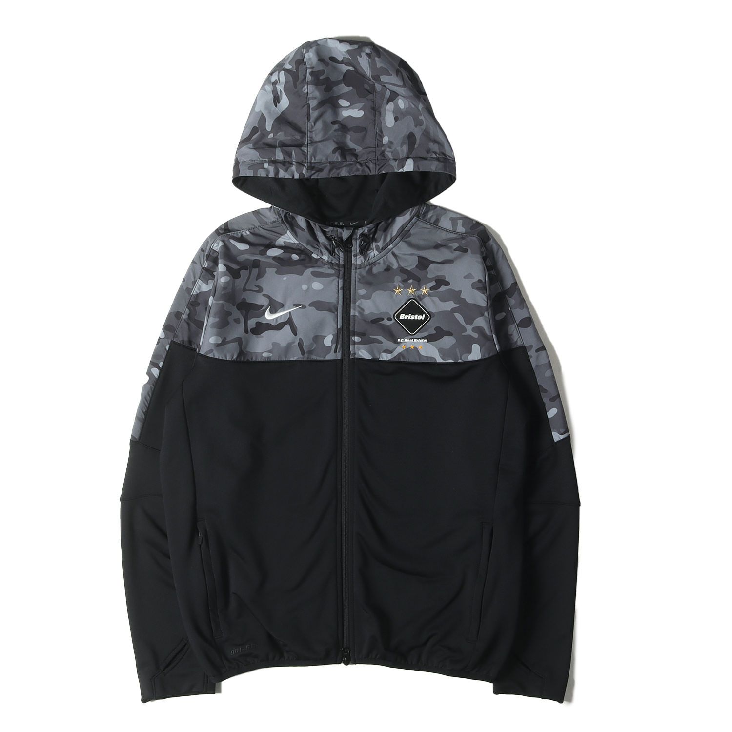 美品 F.C.Real Bristol エフシーレアルブリストル パーカー サイズ:M NIKE カモフラージュ コンビ ジャージ ジップ パーカー ブラック グレーカモ 迷彩 トップス フーディー【メンズ】