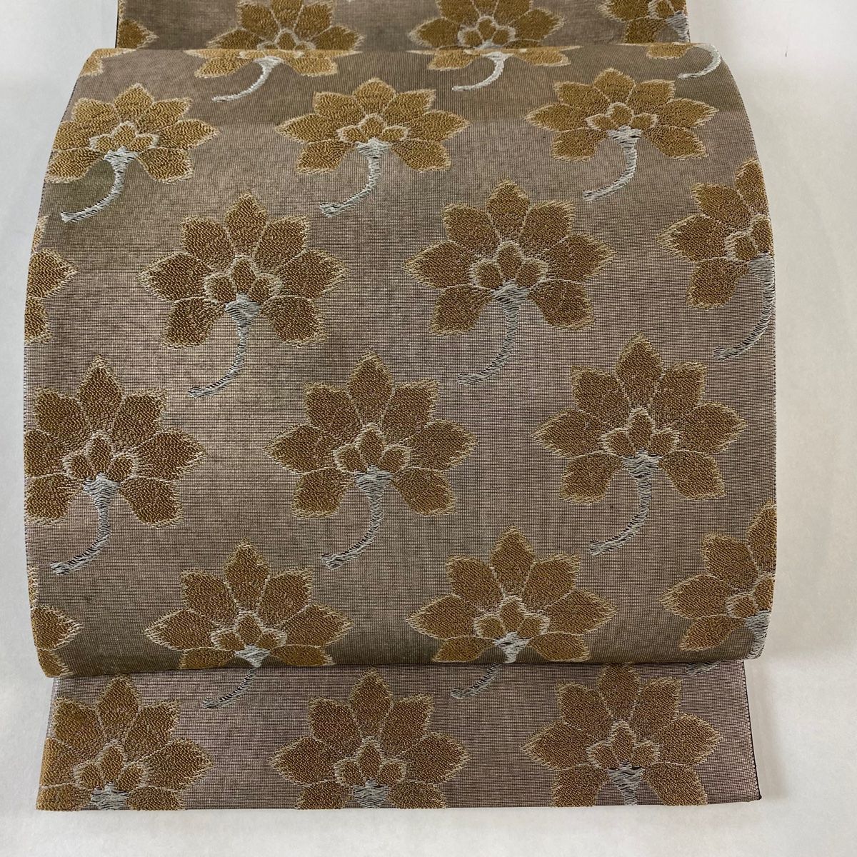 袋帯 逸品 誉田屋源兵衛 落款 ますいわ屋 花 箔 灰茶 六通 正絹 【中古  