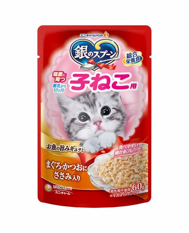 セット ユニ チャーム 銀のスプーン パウチ 健康に育つ 子ねこ用 まぐろ･かつおにささみ入り 60 g
