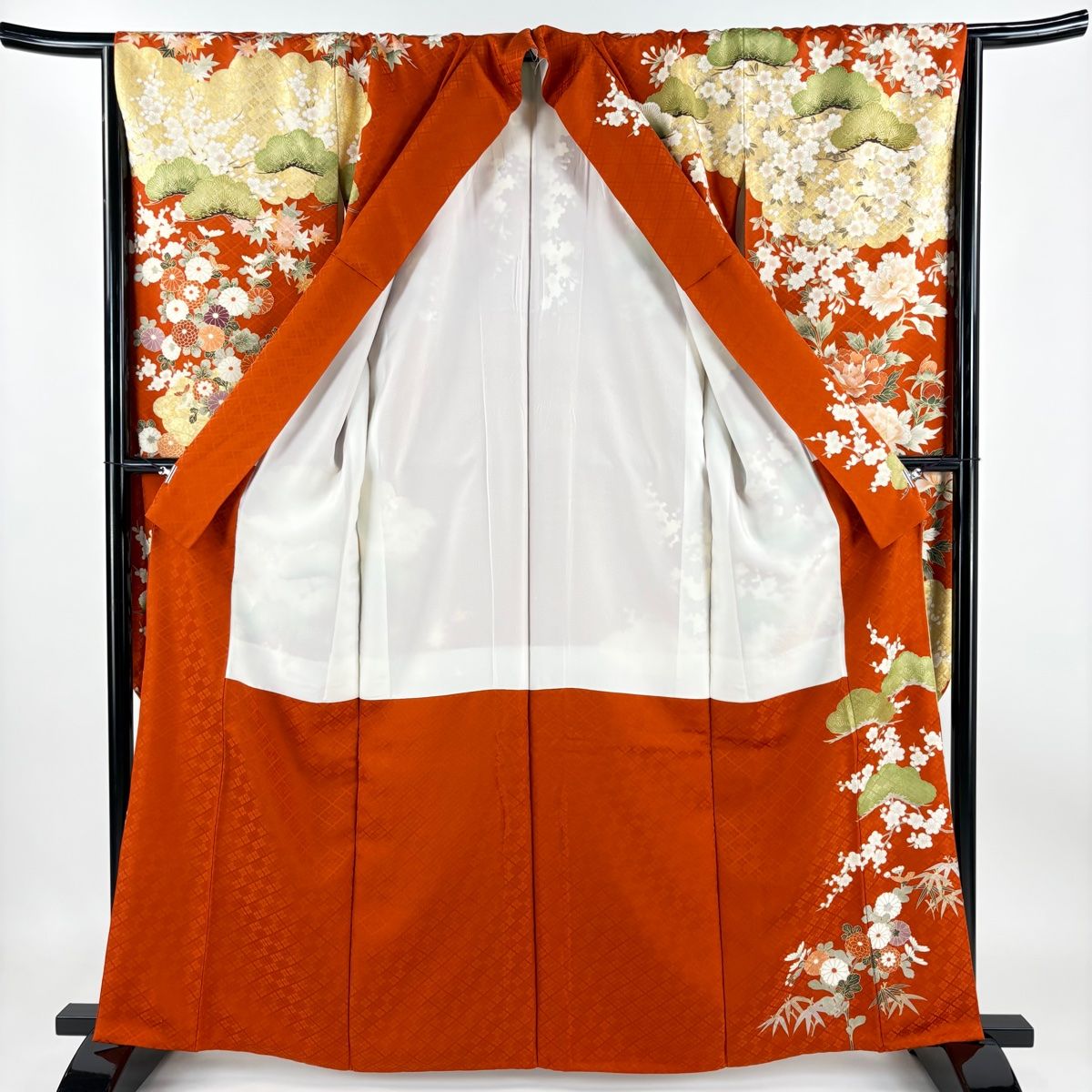 アンティーク レトロ 豪華 鶴に松竹梅 刺繍 金糸 金銀彩 袷 正絹 振袖 着物 アンティーク レトロ 豪華 鶴に松竹梅 刺繍 金糸 金銀彩 袷 正絹