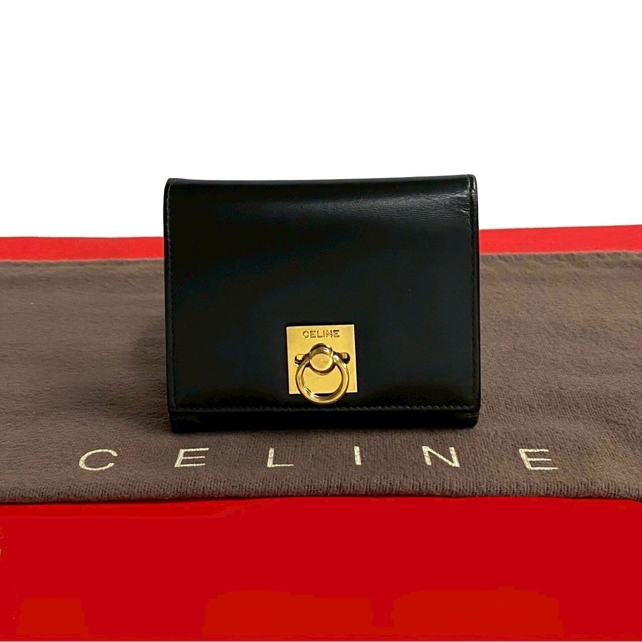 CELINE セリーヌ ヴィンテージ ロゴ リング 金具 カーフ レザー 本革 三つ折り 財布 ミニ ウォレット ブラック 黒 23902