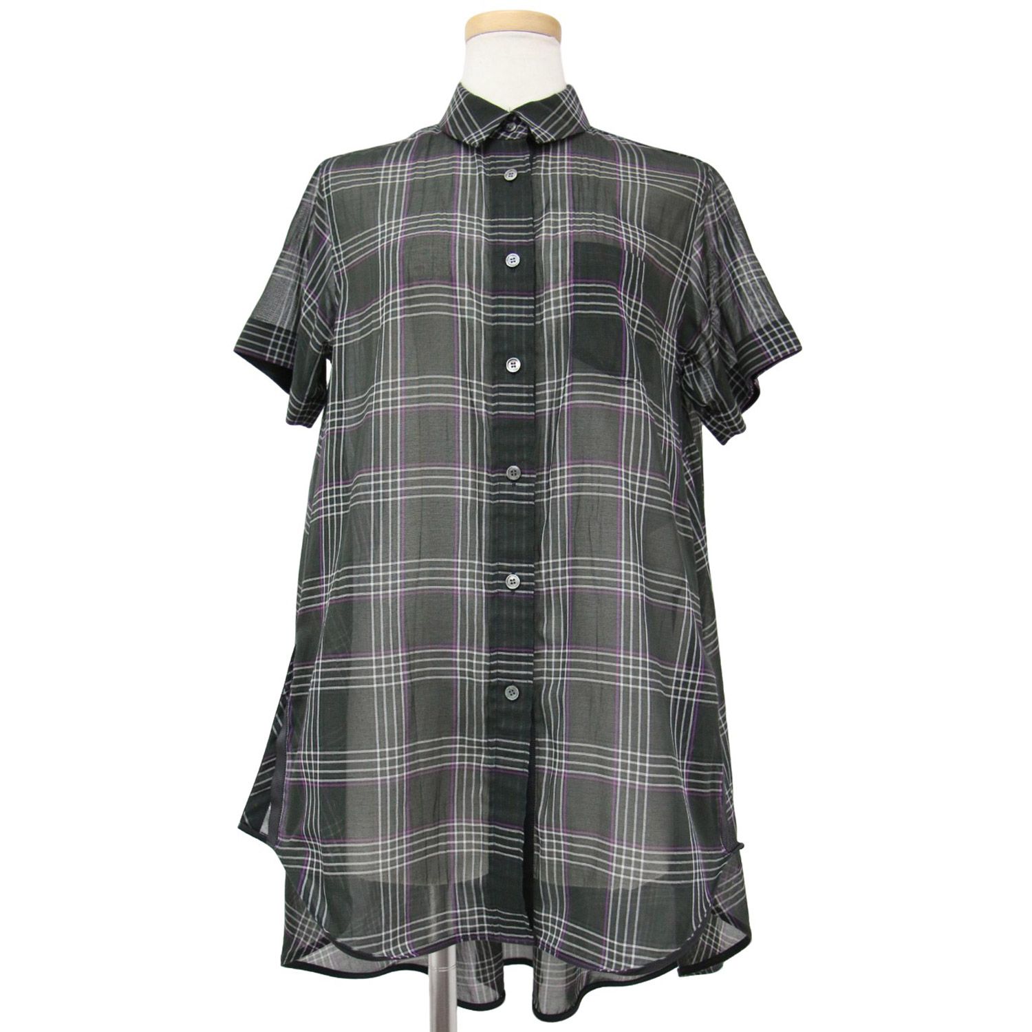 美品 Sacai サカイ シャツ カーキ 2(M) シアー グレンチェック 
