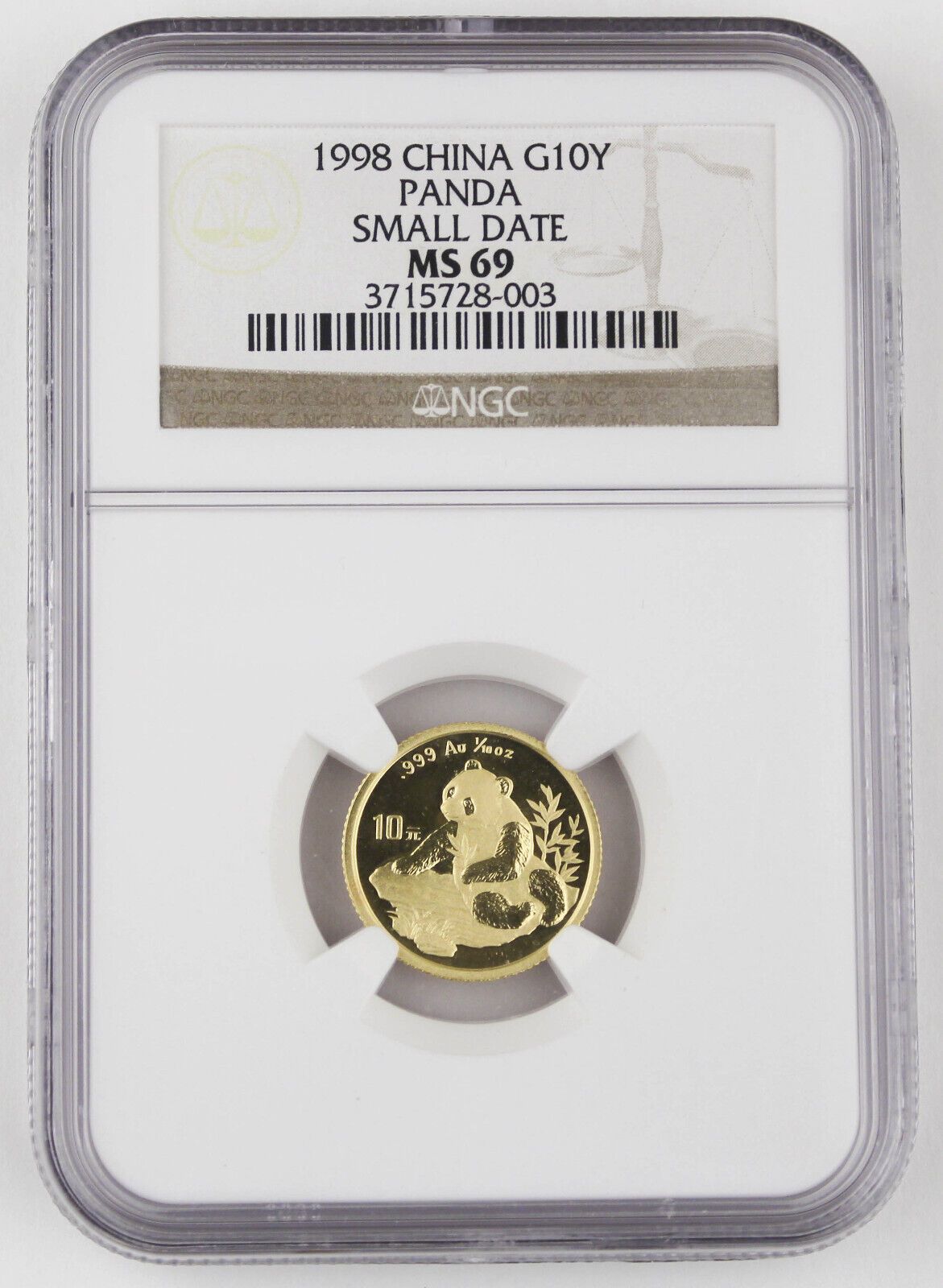 China 1998 10 Yuan 1|10 Troy Oz 999 G Panda Coin NGC MS69 Small Date Rare KEY