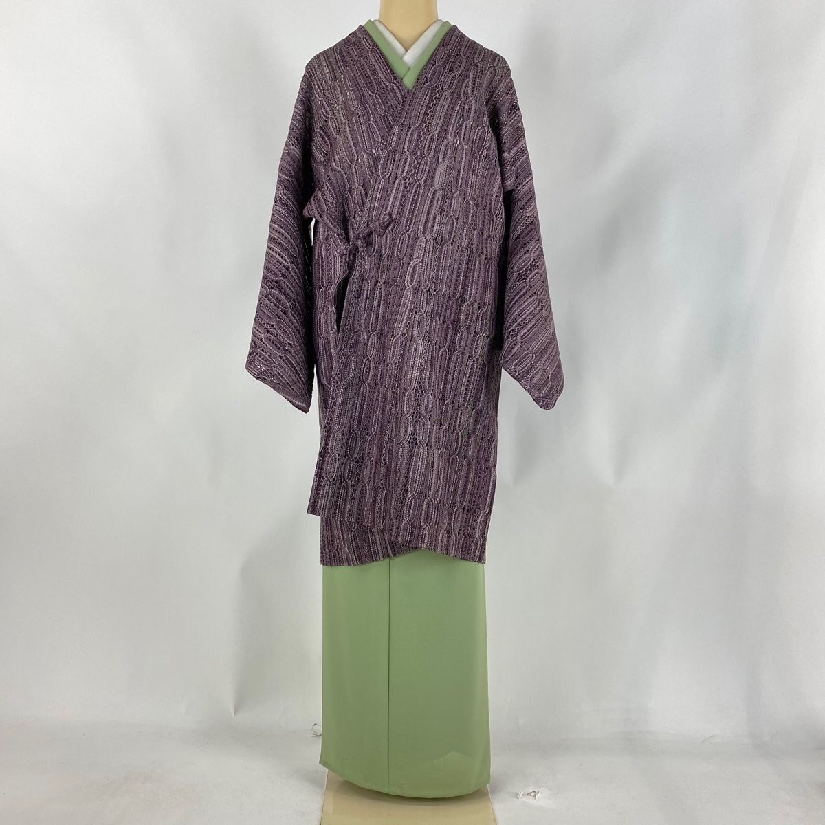 道中着 身丈100cm 裄丈67cm M 和装コート 葉と実 黒灰 正絹 美品 名品  