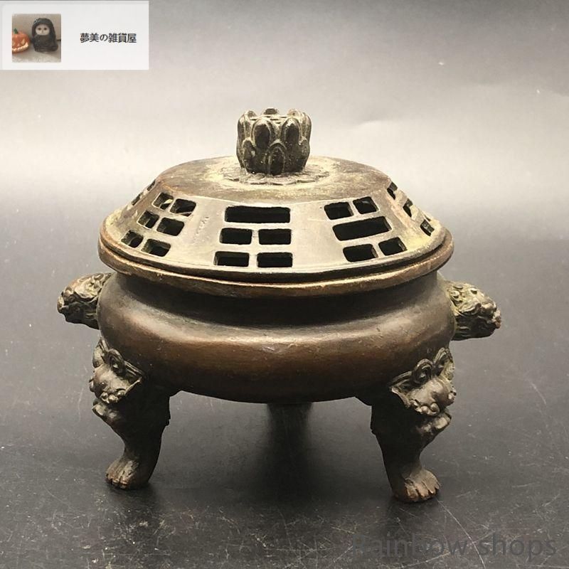 新品未使用】銅器 三足双獅頭香炉 蓮華蓋薫香炉 茶道薫香炉 装飾