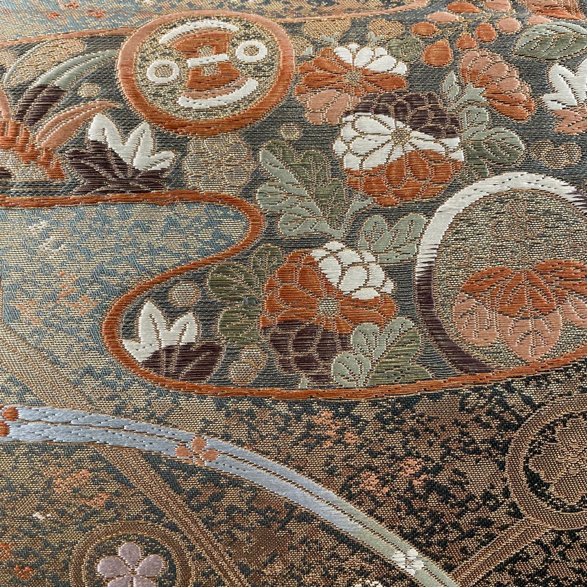 袋帯 美品 秀品 宝尽くし 松竹梅 刺繍 箔 灰緑 六通 正絹 【中古 袋帯 美品 秀品 宝尽くし 松竹梅 刺繍 箔 灰緑 六通 正絹 【中古