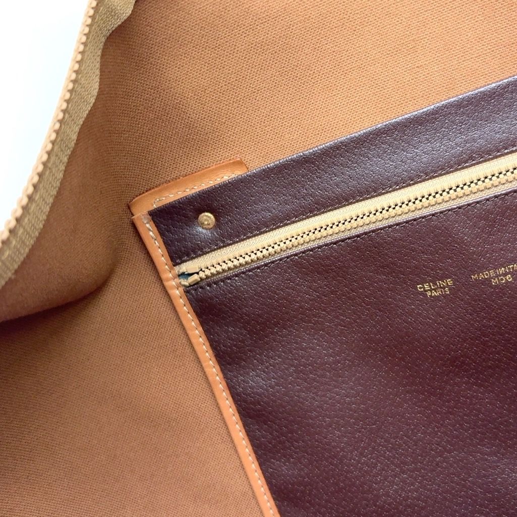CELINE マカダム柄 レザー×PVC ブラウン ボストンバッグ ゴールド