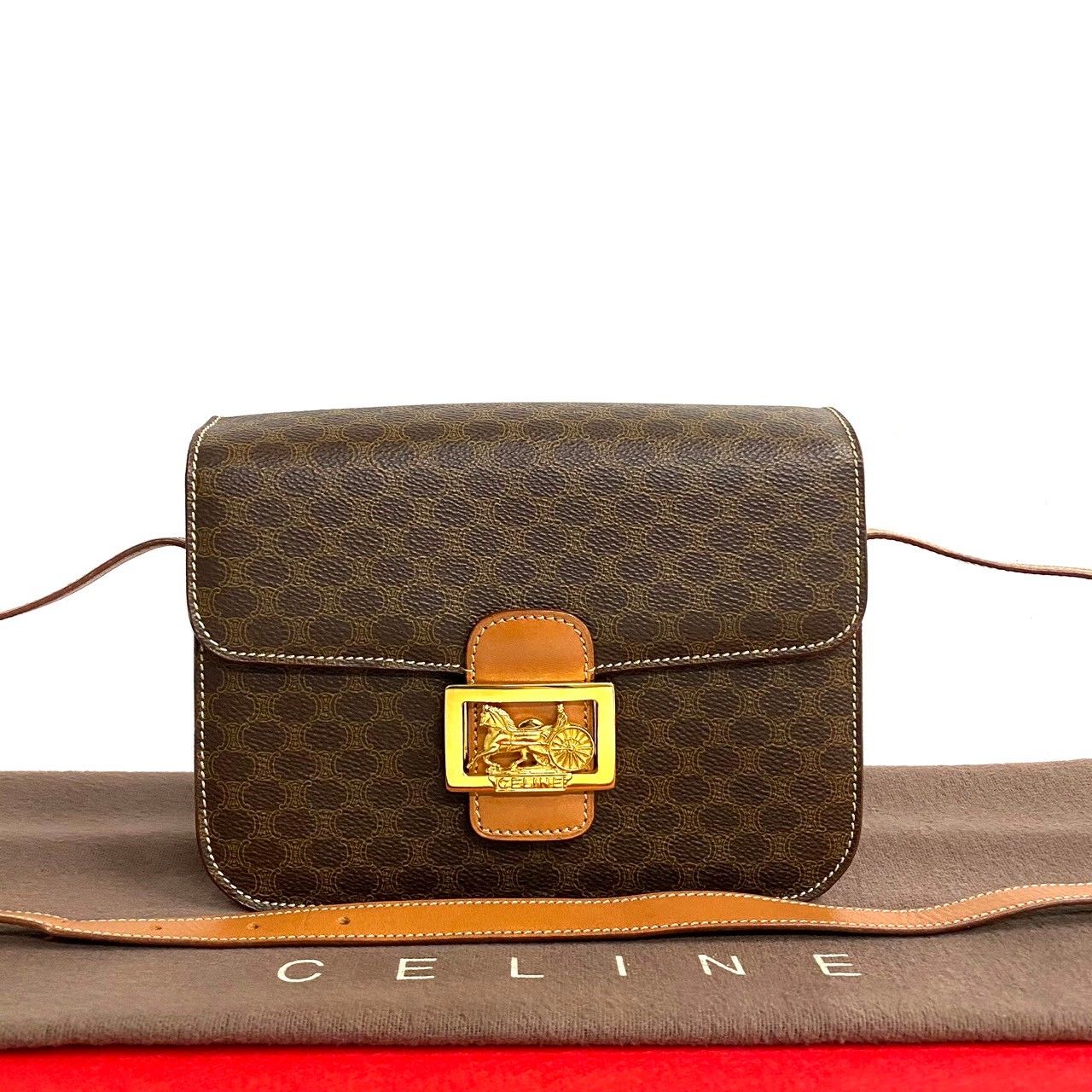 極 美品 CELINE セリーヌ ヴィンテージ マカダム ブラゾン 馬車金具 レザー 本革 ミニ ショルダーバッグ ポシェット ブラウン 383-8  - メルカリ