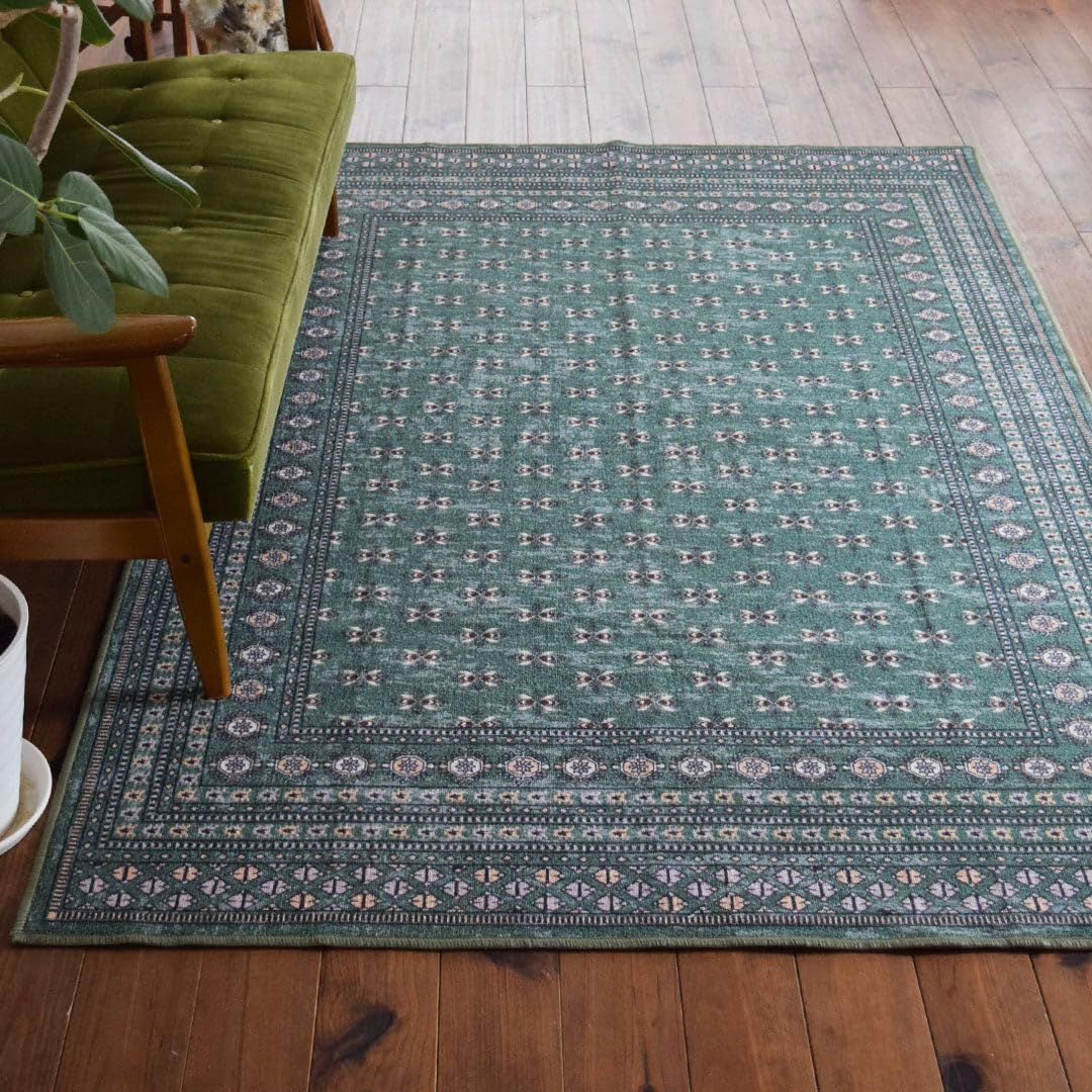 TOCO LIFE おしゃれで洗えるラグマット カーペット ブハラ ヴィンテージ風 4サイズ 1畳 1.5畳 2畳 2.5畳 滑り止め 速乾 床暖可 ホットカーペット対応 グリーン 100×140cm