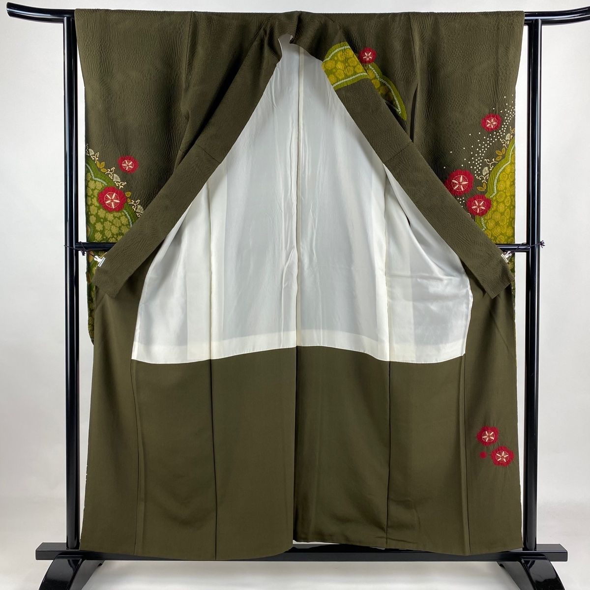 振袖 身長157-172cm 緑 正絹 振袖 身丈157cm 裄丈62.5cm S 袷 桜 波 絞り 金彩 茶緑色 正絹