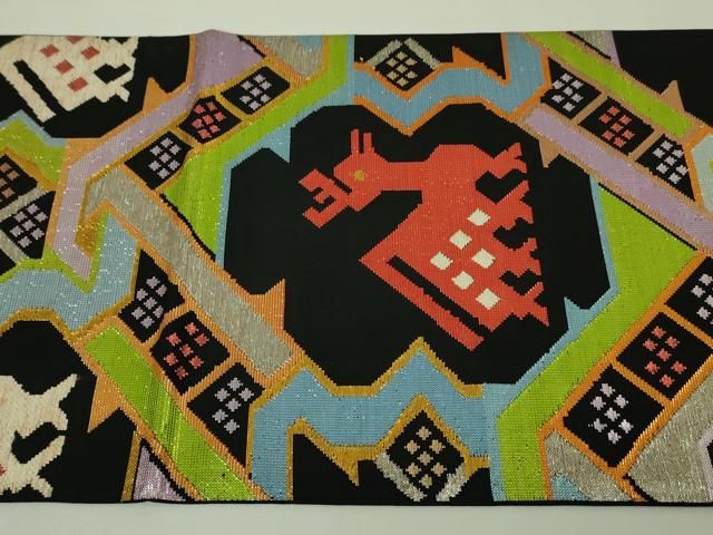 平和屋本店□最高級 龍村平蔵製 六通柄 本袋帯 有栖川鹿手 黒地 金銀糸