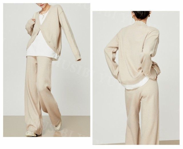 思い出の品 ニット セットアップ レディース 2点セット フェイクレイヤード ニット パンツ トップス 冬 重ね着 セーター ワイドパンツ ワンマイルウェ 欠品