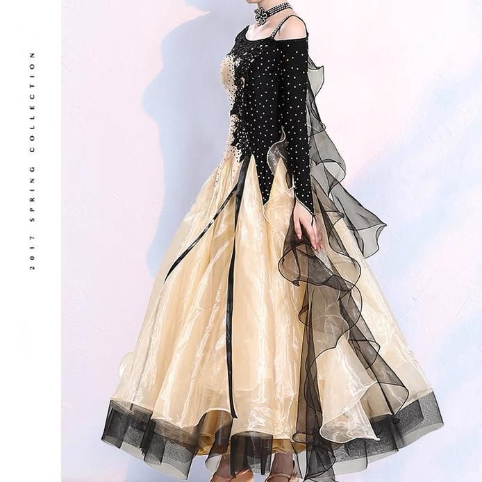 社交ダンスドレス モダン ワルツ タンゴ ドレス スパンコール フルスカート 社交ダンス ステージ衣装 2カラー選択