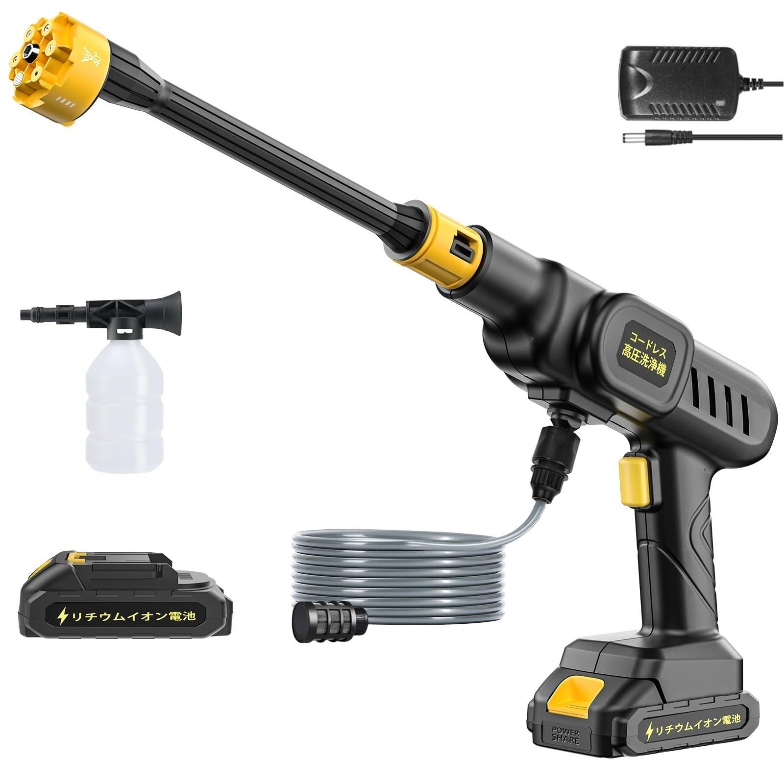 在庫処分 2個10000mAhバッテリー付き 射水量6L|min 噴射距離8M 多機能 充電式 6in1ノズル フォームノズル付 自吸式 5mホース 収納ケース 持ち運び便利 コードレス ポータブル高圧洗浄機 バッテリー式 洗車機 庭 屋外 階段 ガラス 高