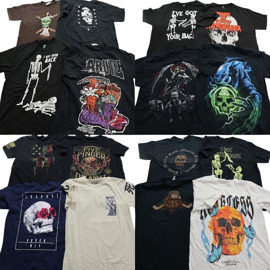 古着卸 スカル 髑髏 半袖Tシャツ 16枚セット メンズ Ｍ |Ｌ 英字プリント 大判プリント アームロゴ 古着 NA9004