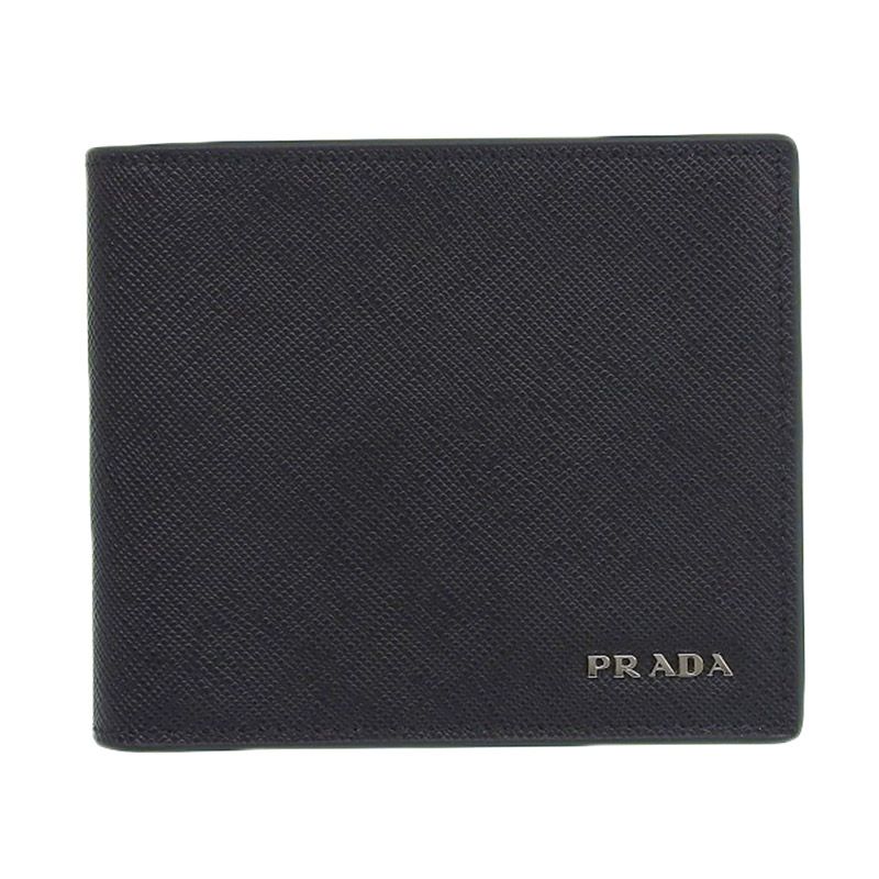 プラダ PRADA 二つ折り財布 コンパクトウォレット サフィアーノ レザー ブラック|ネイビー 新入荷 OBB0614