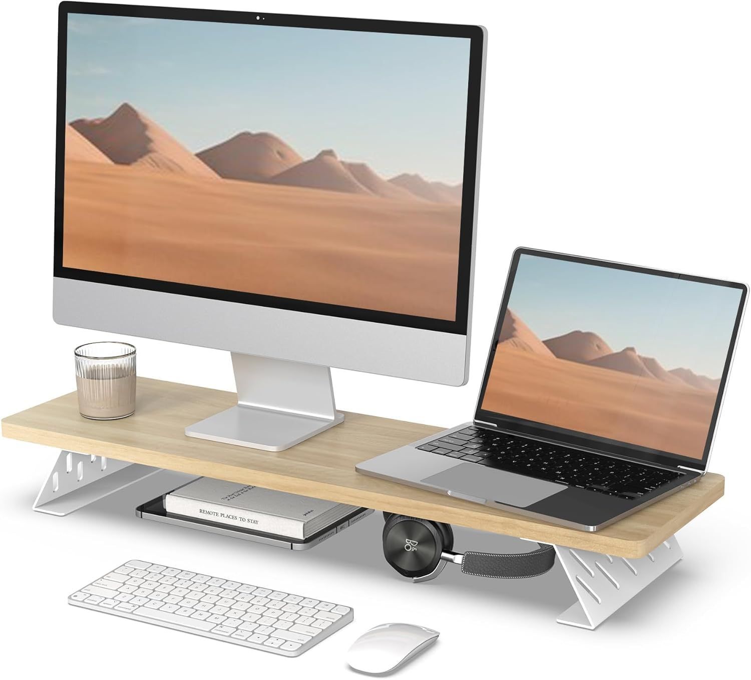 商品 Fenge モニター台 卓上 モニタースタンド デスクシェルフ パソコン台 幅80cm 木製 スチール製 pc モニター台 机上台 卓上ラック 机上ラック デスク周り収納 オーク＆白G04C1083C