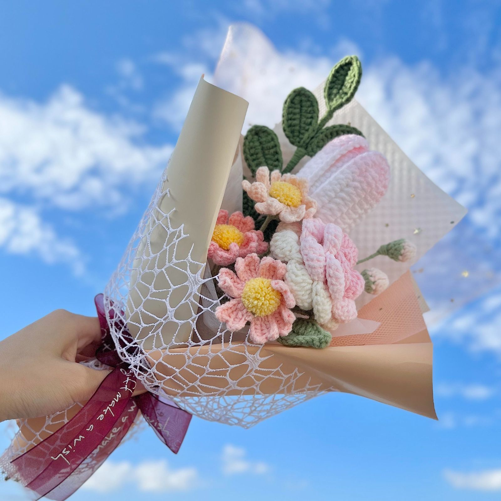 枯れない花】編み物 かぎ針編み ブーケ ピンク 白 毛糸の花束
