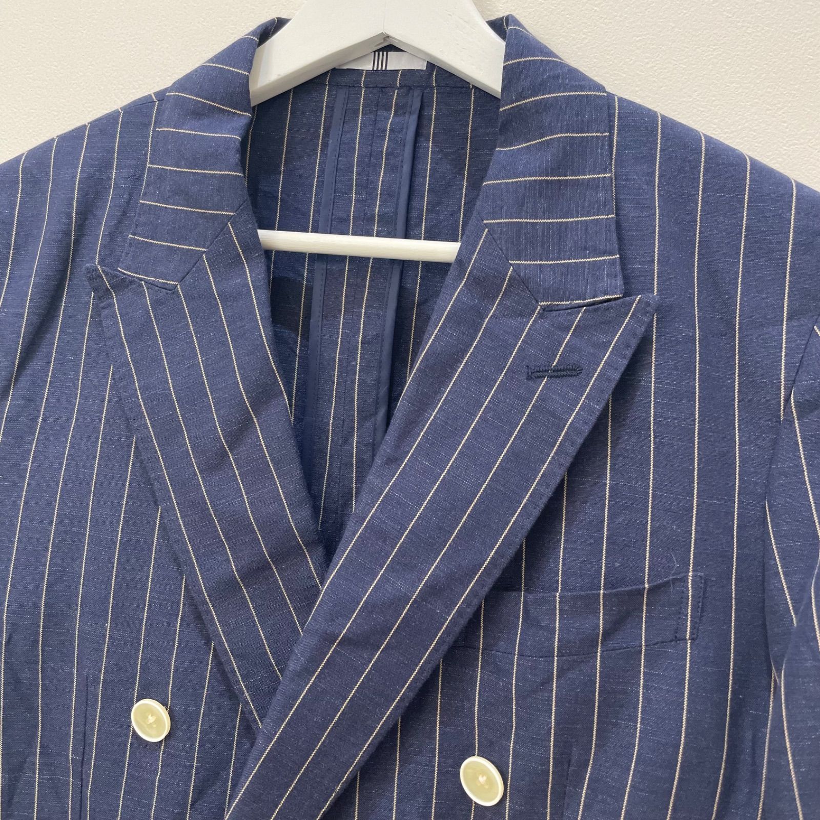 スーツセレクト【コットンリネンダブルジャケット】ネイビー AB6 SUIT SELECT スーツセレクト ストライプ柄コットンリネンダブル