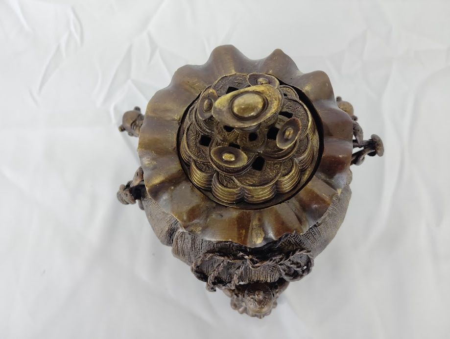 大明宣徳年製 唐子脚宝袋形香炉 香炉 袋型 元宝摘み 童子 銅製 ベスト