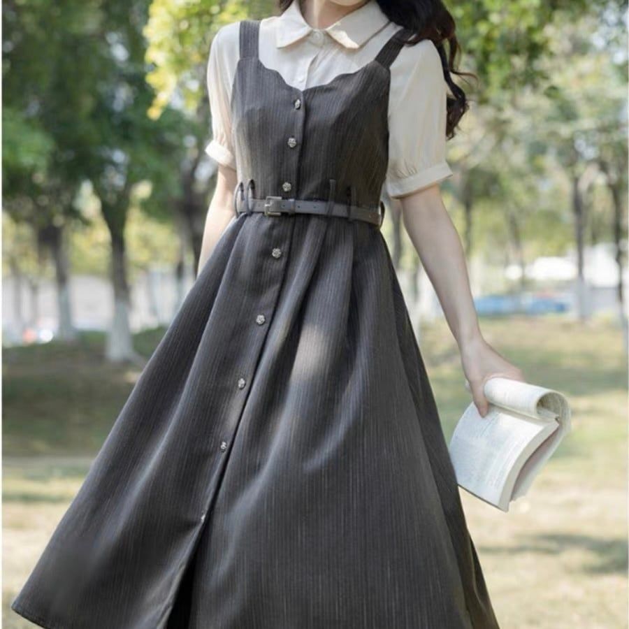 【新品】フレンチレトロ♡ウエストベルト付きストライプワンピースセットアップ レディース 韓国 韓国ファッション ワンピース ブラウス セット ベルト付き ハイウエスト 半袖 　F0733