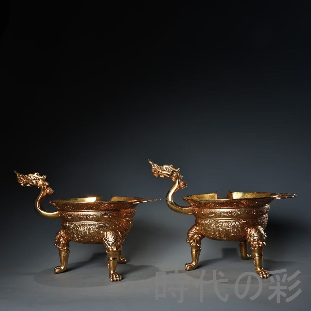 中国古美術 旧蔵および描金 龍頭汾酒器 高浮彫 清代 銅器 古玩 骨董品 唐物 中国古美術品 コレクション 時代物 酒器 R07100126