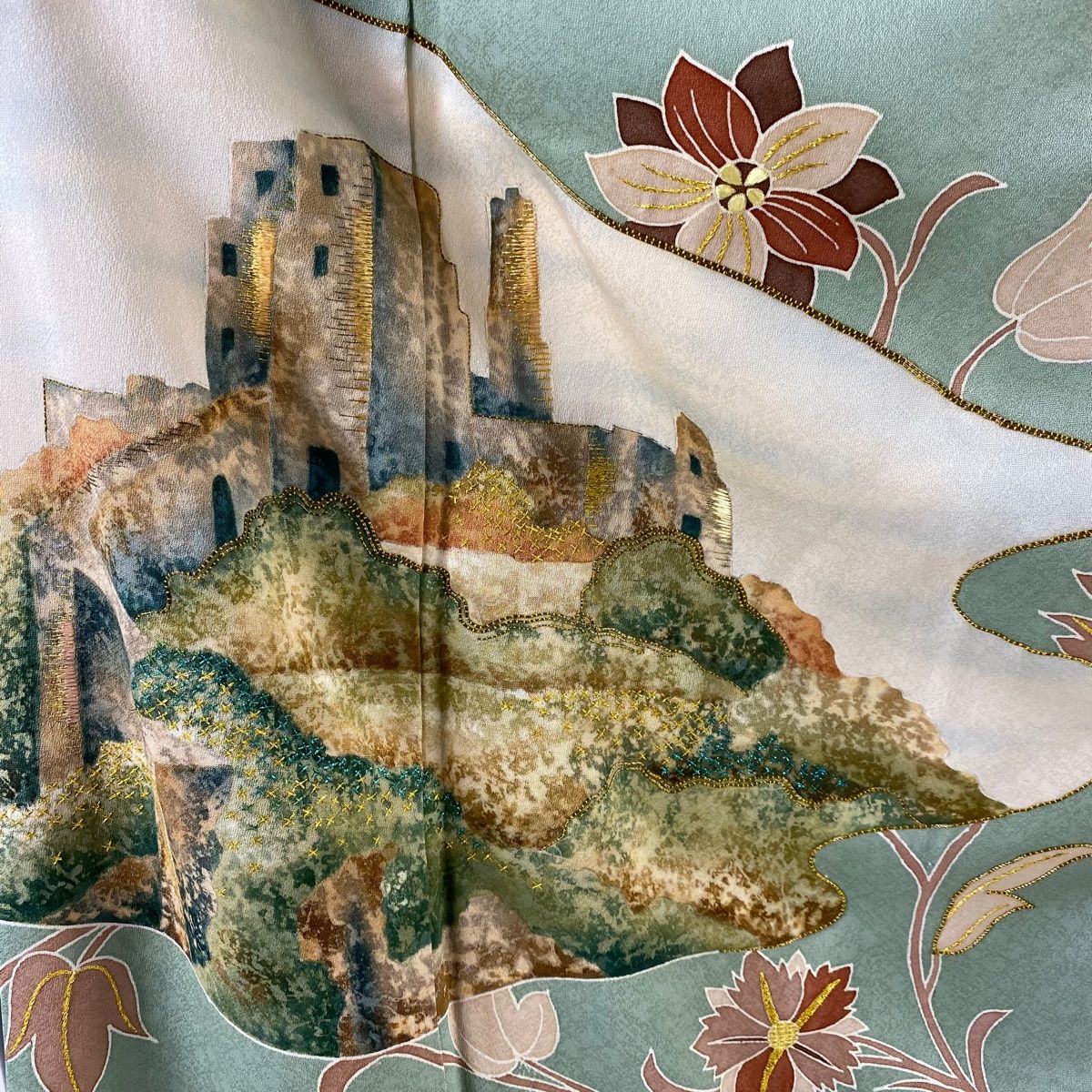 色留袖 身丈169cm 裄丈68cm L 袷 大彦 落款 風景 花唐草 金銀糸 刺繍  