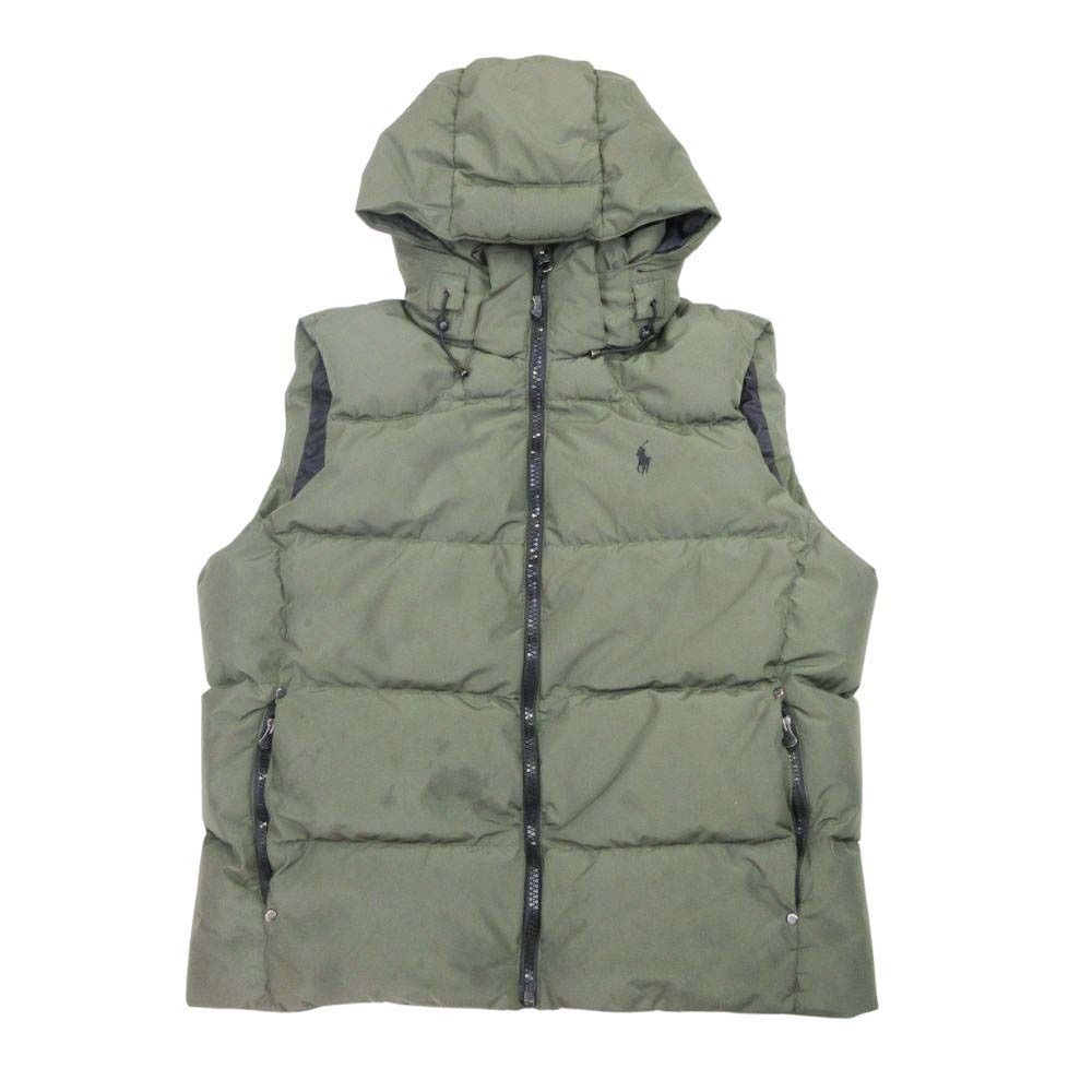 POLO RALPH LAUREN ポロラルフローレン フード付 ダウンベスト 2WAY ジップアップ ポニー刺繍 アウター L カーキ メンズ 古着