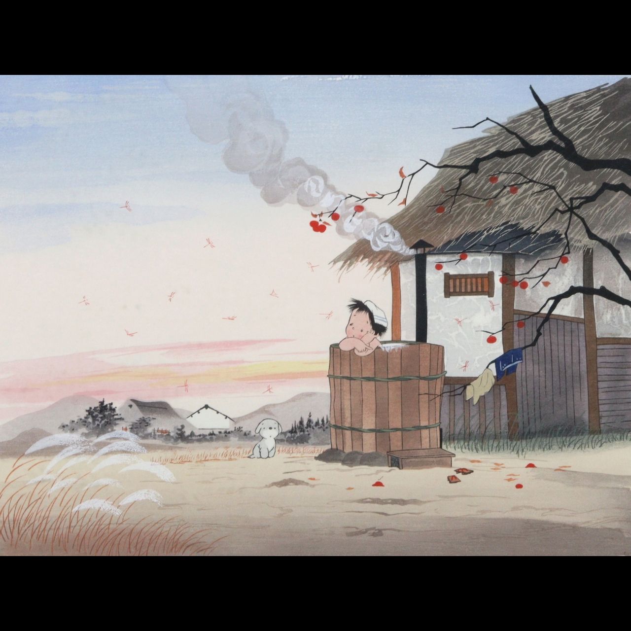 中島潔 「あかね雲 とんぼの思い出」 木版画 直筆サイン 古美術