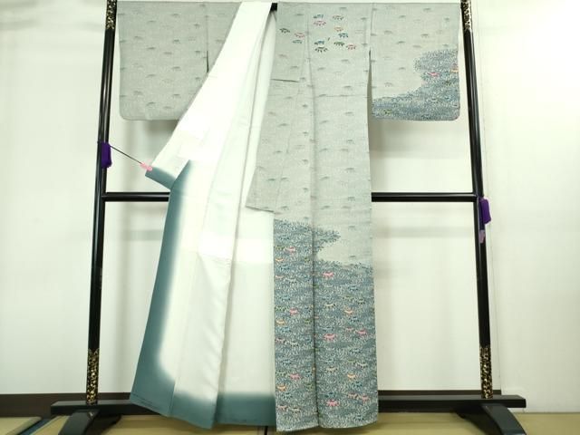 平和屋着物○極上 手描友禅 奥田秀水 訪問着 孔雀花文 黒地