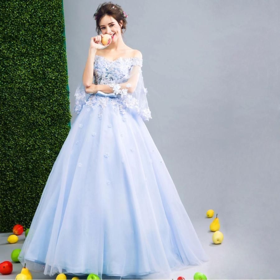 ウエディングドレス 長袖 ドレス 青 コンサート 安い ロングドレス 演奏会 二次会 プリンセスライン ステージ衣装 パーティー ウェデ