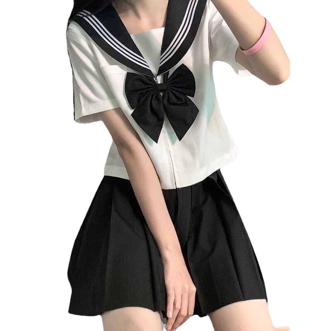 [Kanoan] ３点セット 本格制服 セーラー服 濃紺 白 半袖 長袖 シャツ スカート 蝶結びリボン 白三本 プリーツスカート コスプレ 文化祭 学園祭 仮装 JK JC 高校生 中学生 前開き (Lサイズ， 半袖) [