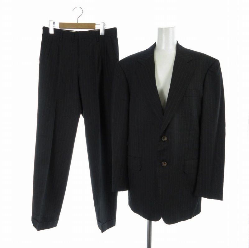 ヘンリープール マーキス HENRY POOLE MARQUIS スーツ フォーマル セットアップ 上下 2点セット テーラードジャケット テーパードパンツ ストライプ 背抜き サイドベンツ シングル 2B S 黒 ブラック |RO