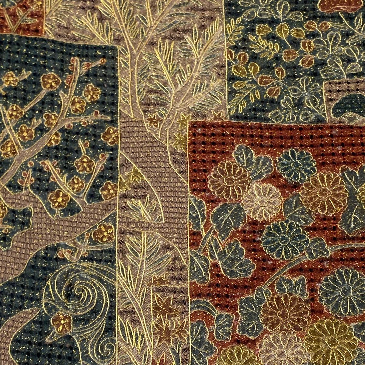袋帯 逸品 菊 鳥 汕頭刺繍 金糸 灰茶 全通 正絹 【中古】 - メルカリ