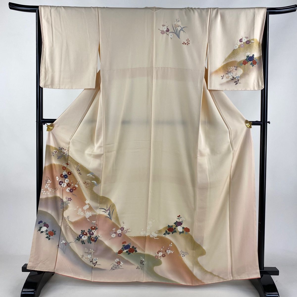 訪問着 身丈163cm 裄丈66.5cm M 袷 枝梅 秋草 金彩 ぼかし 薄ピンク 正絹 秀品