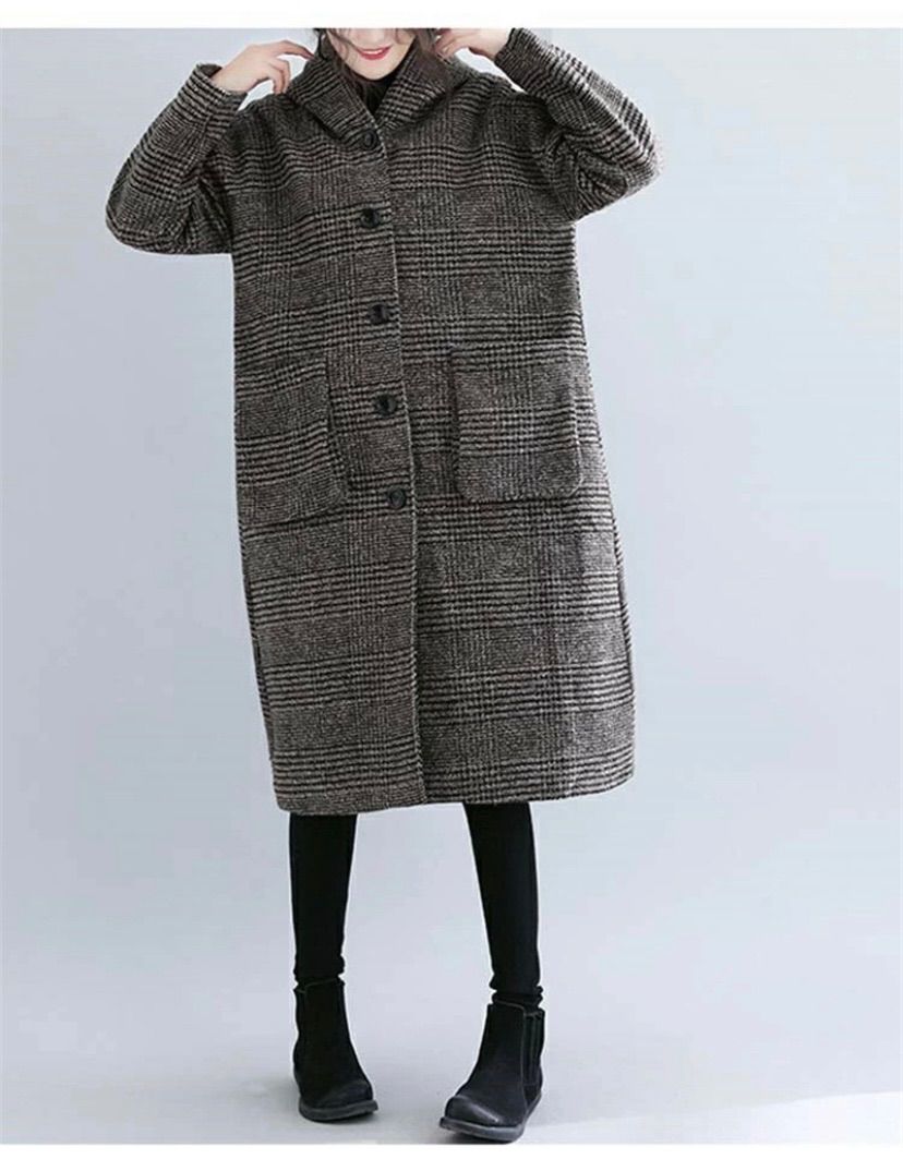 チェック柄フード付きロングコートMサイズ チェスターコート チェック
