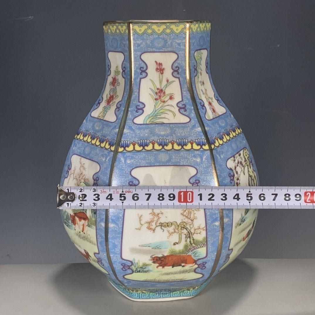 清代パステル蒔絵十二支六角尊瓶  景徳鎮 陶磁器 装飾品 現代工芸品美術品 置物 清代パステル蒔絵十二支六角尊瓶 景徳鎮 陶磁器 装飾品 現代工芸
