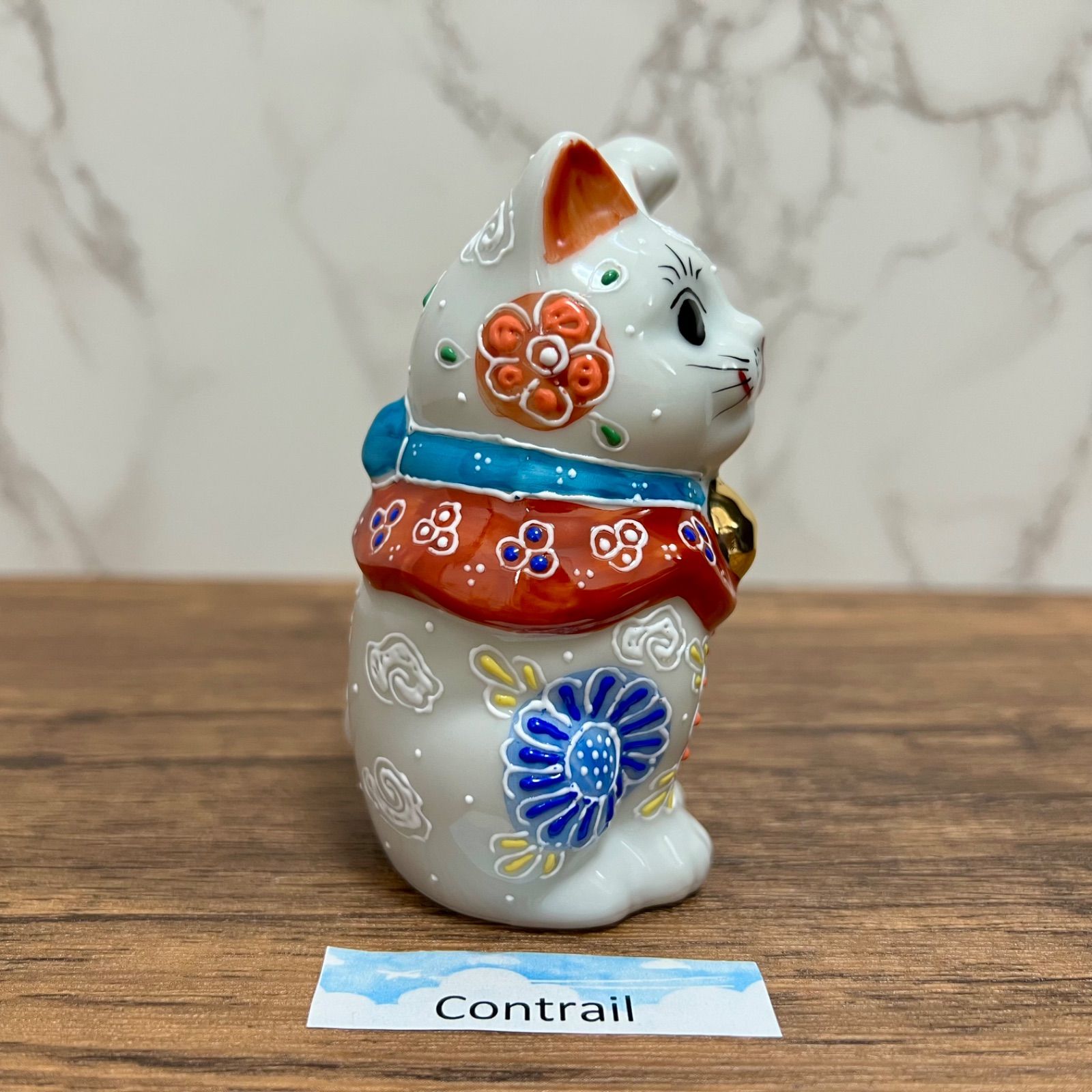 九谷焼】3.3号 招き猫 白盛花 左手 千客万来 縁起物 置物 Maneki Neko