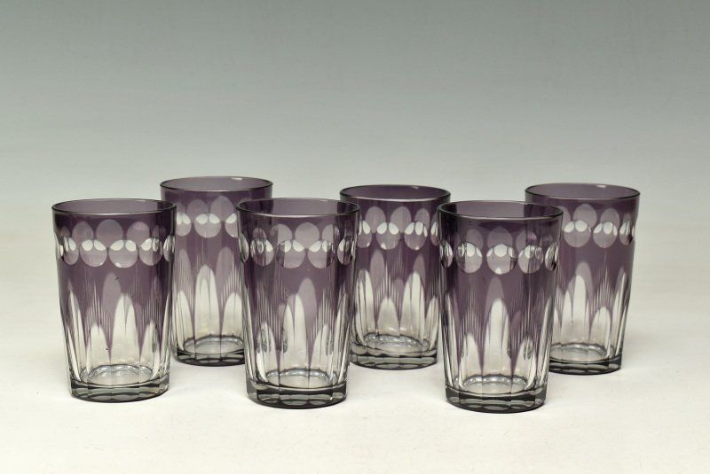 蔵A2607a レトロ硝子 切子 紫被せガラス コップ グラス 六客