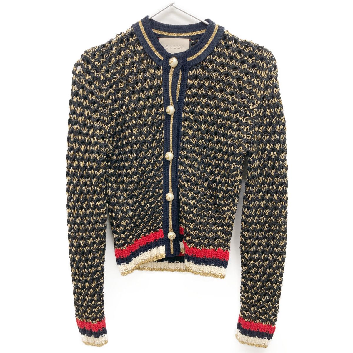 GUCCI グッチ 411532 ｺﾞｰﾙﾄﾞ×ﾏﾙﾁｶﾗｰ ｲﾝﾀｰﾛｯｷﾝｸﾞGﾊﾟｰﾙﾎﾞﾀﾝﾗﾒﾆｯﾄｶｰﾃﾞｨｶﾞﾝ S