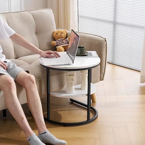 収納付き 丸 センターテーブル 1台3役 大理石調 北欧 入れ子式