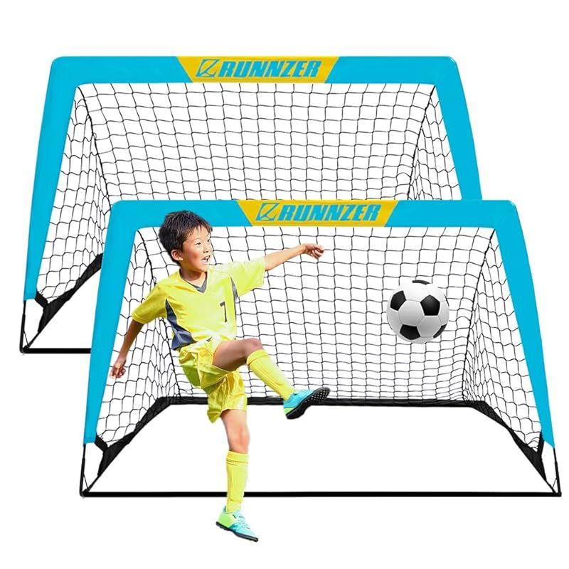 L RUNNZER サッカー ゴール 子供用、サッカー ゴール 折畳み 2個セット 折りたたみ ポータブルサッカーゴール フットサル用ゴール ミニ 室内 屋外 庭 こども 折り畳み 収納バッグ付きブルー サ