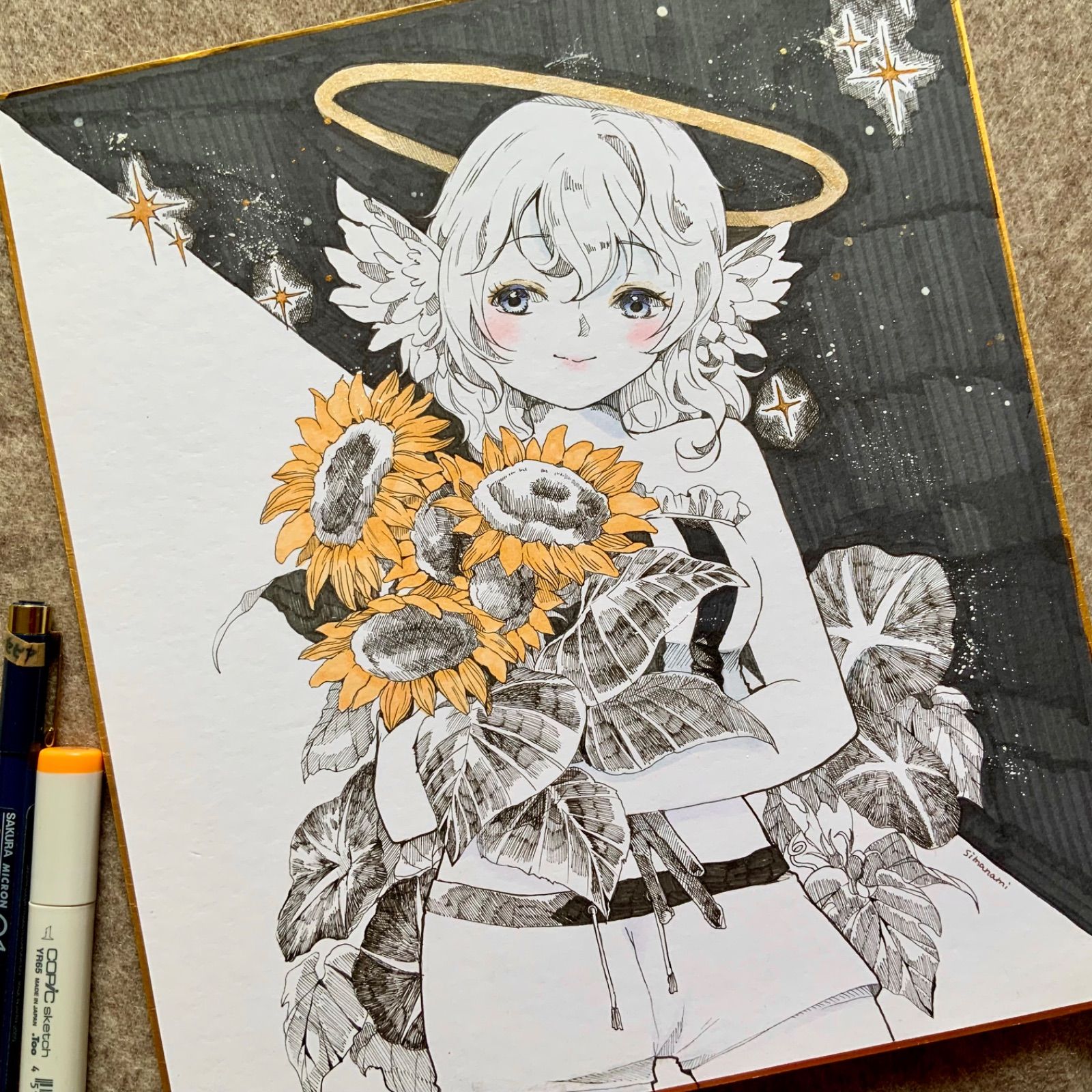 オリジナルイラスト 天使ちゃんと夏 色紙大 手描き 原画 女の子 ご覧
