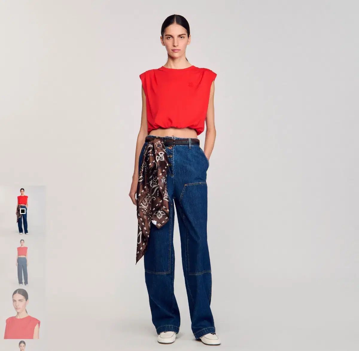  今年 SANDRO サンドロ クロップド Tシャツ レッド ブランド ロゴ 半袖(Tシャツ) Tシャツ カットソー