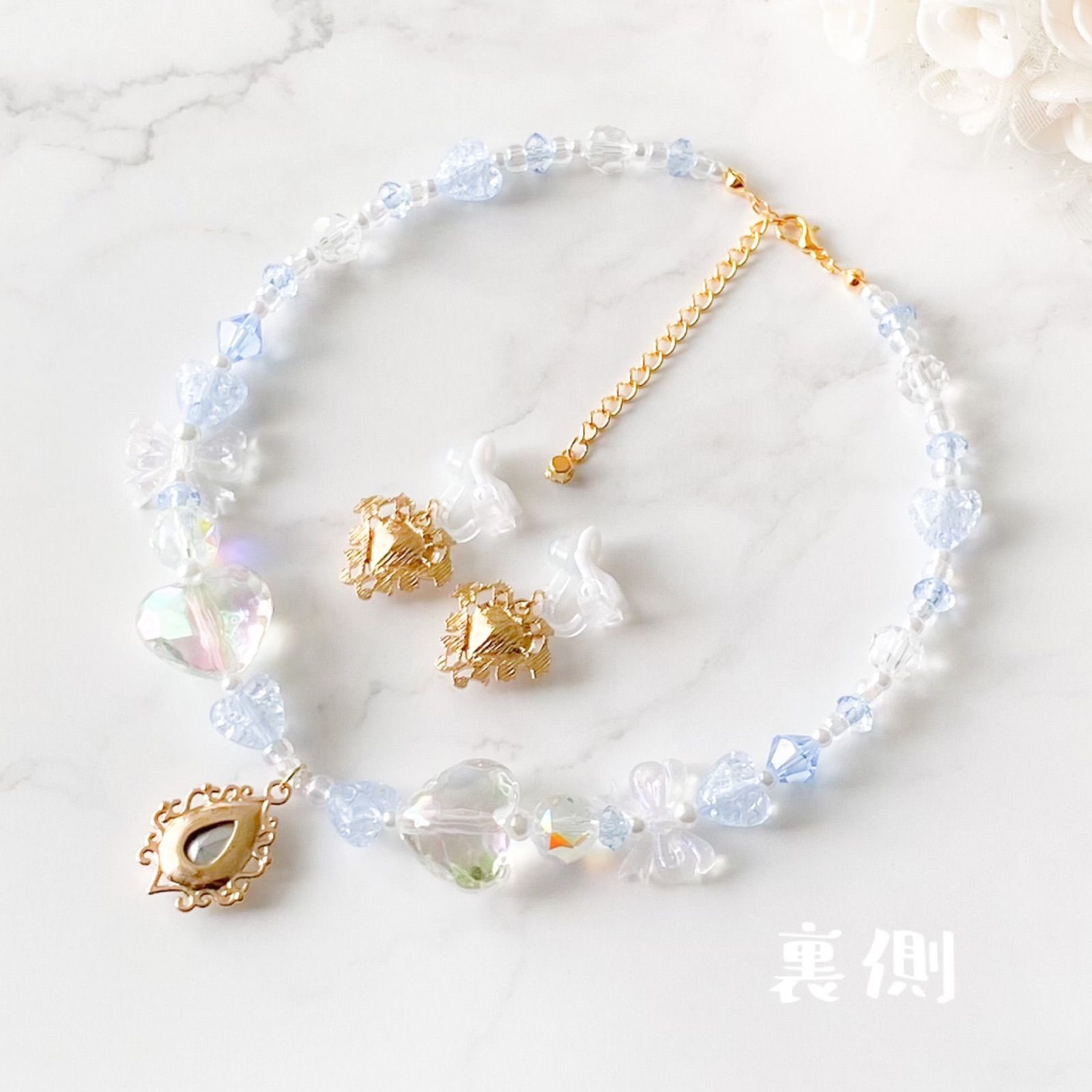 little princess＊glass heart - blue キッズイヤリング + キッズ ネックレス セット ＊ キッズアクセサリー プレゼント 女の子 可愛い シンデレラ ピアノ 発表会 noakoma