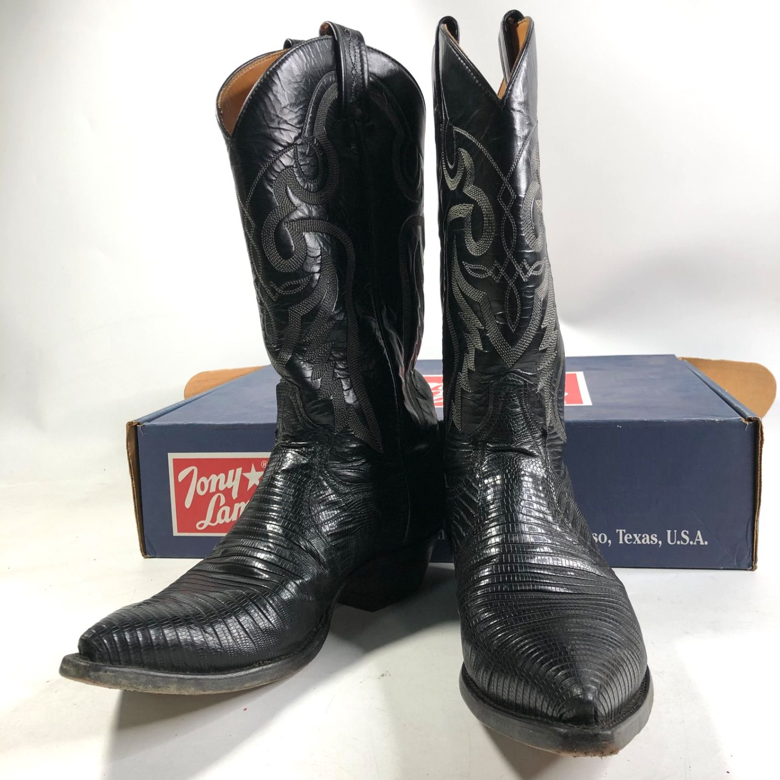 A0917-11-8 TONY LAMA ウエスタン リザード ブーツ トカゲ革 J68705 ブラック BLACK レザーブーツ サイズ 8.5E 正規化粧 き
